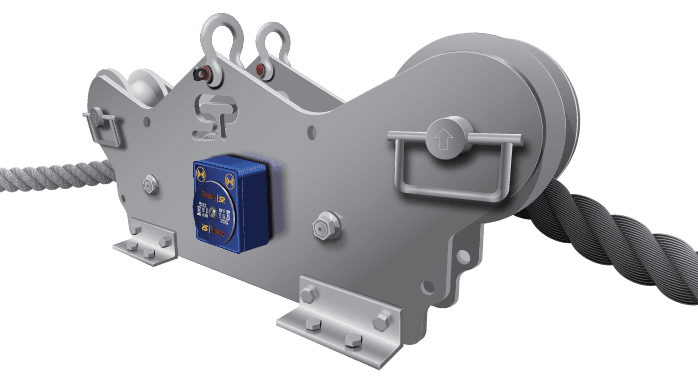 Running-line tension monitor on wire rope